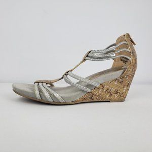 DEXFLEX Silver & Cork Wedge Sandals Size 6